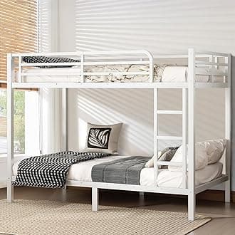 Twin XL Over Twin XL Bunk Bed Frame, Heavy Duty Metal Loft Bed for Adults/Teens, 350/500LB Capacity w/Ladder & Guardrail, Noise-Free Steel Slats, No Box Spring Required, White