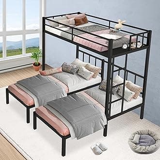 INCLAKE Triple Bunk Bed, Metal Twin Over Twin & Twin Beds for 3 With Guardrails, Ladder & Upper-Bed Platform, Detachable for Children, Teens, Adults, No Box Spring Needed, Black