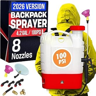 Battery Powered Backpack Sprayer - 4.2 Gallon, 8 Nozzles, 100PSI Cutoff, Long Battery Life, Wide Mouth, High-Pressure Spray Hose, Trigger Lock, Pressure Knob Controller