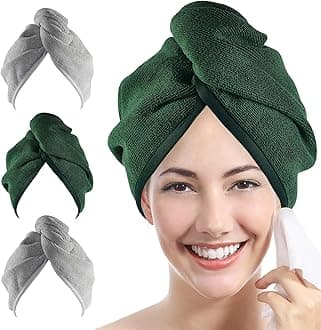 Ultra Plush Microfiber Hair Towel Wrap for Women, 3 Pack 10 inch X 26inch Purple, Ultra Absorbent Twist Hair Turban Drying Cap Hair Wrap, For Drying Curly, Long & Thick Hair (2Gray+1Emerald)