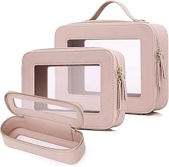 Travel Makeup Set Waterproof Transparent Cosmetic Bag and Toiletry Bag Makeup Brush case with Zipper Car Essentials for Women (Pink, L+M+SLIM)