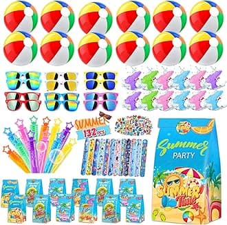 Pool Party Favors Beach Party Favors - 132PCS Summer Beach Pool Toys for Kids Include Beach Balls, Kids Sunglasses Bulk, Bubble Wands...Pool Party Supplies for Summer Birthday Party for Kids 4-8 8-12