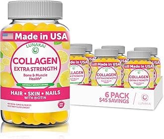 Lunakai USA Made Collagen Peptides Gummies - 200mg Non-GMO Anti-Aging Formula with Biotin, Zinc, Vitamins C & E for Hair, Skin and Nails, 6 Pack