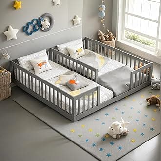 Double Frame Twin Size Floor Bed with Fence for Kid,Girls & Boys,Montessori Wood Bed Frame w/Safety Guardrails & Easy Assemble,Grey