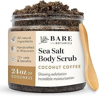 Bare Botanics Coconut Coffee Body Scrub 24oz | Made in Madison, WI | All Natural Sea Salt Exfoliator w/ Skin Loving Moisturizers | Vegan & Cruelty Free | Gift Ready Packaging w/ a Cute Wooden Spoon