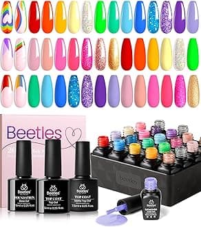Beetles Neon Gel Polish Set, 20 Colors Glitter Pink Red Green Blue Bright Rainbow Collection Colorful Gel Polish Nails Sparkle Gel Base Glossy & Matte Top Coat UV Gel Spring Gift for Women & Girls