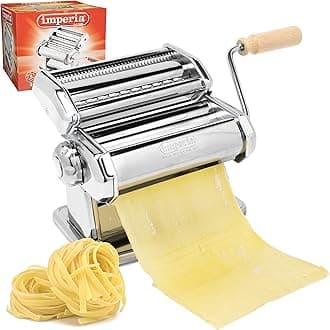 Italian Double Cutter Pasta Machine, Homemade Pasta Maker with Detachable Wooden Handle, Adjustable Dial with Six Thickness Settings