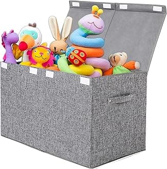 Large Toy Box Storage with Lid, Collapsible Sturdy Toy Chest Storage Bin Box with Rivets Handles for Kids, Boys, Girls, Nursery, Playroom, Living Room, Bedroom, 25"x 13" x 16" (Linen Gray)