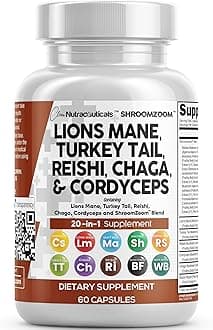 Clean Nutraceuticals Lions Mane 20in1 Mushroom Supplement with Turkey Tail Reishi Cordyceps Chaga Maitake Meshima Poria Cocos Shiitake Oyster Porcini Enoki - 1 Pack