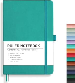 RETTACY Journaling Notebooks, A5 Lined Journal Notebook with 192 Numbered Pages, 5.7'' × 8.3'' Medium Size, for Writing, Work, Leather Hardcover, 100 GSM Thick Paper (Cyan)