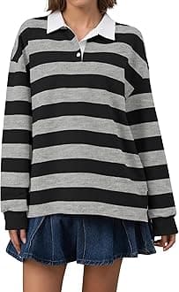 Rugby Shirt Women Polo Striped Sweatshirt Oversized Long Sleeve Lapel V Neck Pullover Top Y2K Streetwear Blouses