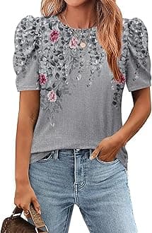 Blouse for Women Dressy Casual Puff Short Sleeve Boho Tops Fashion Floral Crew Neck Tunic Shirts Summer Clothes