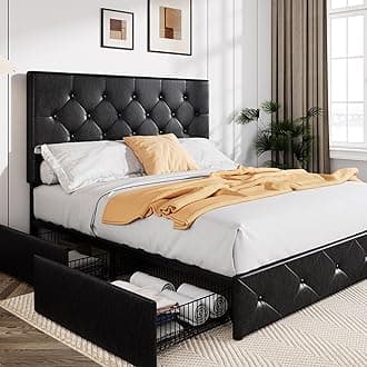 Upholstered Full Size Platform Bed Frame with 4 Storage Drawers and Headboard, Diamond Stitched Button Tufted, Mattress Foundation with Wooden Slats Support, No Box Spring Needed, Black