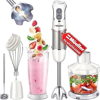 Multistick 800W 4-in-1 Immersion Blender Handheld, 12 Speed Hand Mixer - Turbo Boost, Heaviest Duty Copper Motor, Titanium Blades Hand Blender, Milk Frother Wand, Whisk, Beaker, Chopper, White