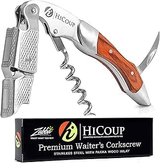 HiCoup Kitchenware Corkscrew - All-in-One Wine Bottle Opener w/Foil Cutter for Waiters & Bartenders - Stainless Steel with Pakka Wood Inlay Handle