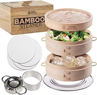 Bamboo Steamer 10 Inch 2 Tier Wooden Basket With Handle, Ring Adapter, Reusable Silicone Liner, Adapter, Molder Press For Cooking Vegetables Dumpling Press & Dough Cutter for Steaming Chinese Asian Food & Bao Bun, Dim Sum Potsticker