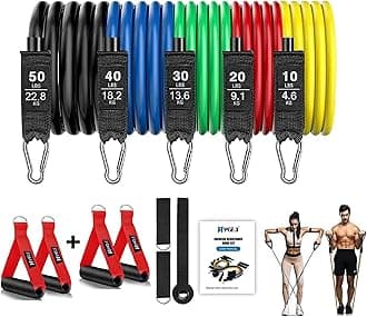 Hykes Unbreakable Resistance Bands Set (11pcs) for Exercise, 100% Natural Latex Toning Tubes Kit for Workouts, Stretching, Fitness, Home Gym, Yoga for Men and Women (150lbs)