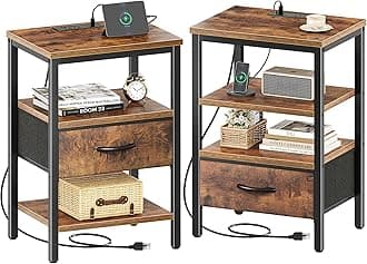 SUPERJARE Nightstand Set of 2, Bed Side Tables with Charging Station, Adjustable Fabric Drawer, Night Stand for Bedroom, 3-Tier Storage End Tables, for Living Room, Rustic Brown