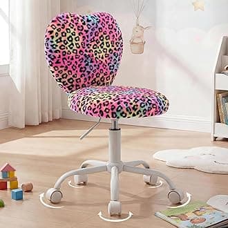 Cute Fuzzy Kids Chair Rolling Study Desk Chair Furry Studing Computer Task Chair Faux Fur Swivel Vanity Chair for Girls Boys Bedroom, Red Leopard