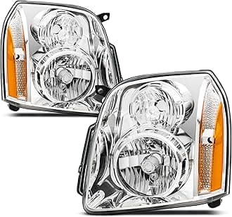 Headlights Assembly for 2007-2014 GMC Yukon SLE SLT Denali Yukon XL 1500 2500,Headlamp Assembly DENALI Style Chrome+Amber Halogen OE Replacement