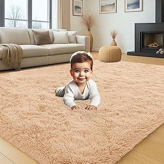 Aspire Homeware Beige Fluffy Bedroom Rug – Large Area Rugs 200x290 cm Living Room Lounge Plush Carpet Modern Soft Shaggy Pile Faux Fur Rug for Home