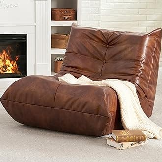 Hobestluk Giant Bean Bag Chair Lazy Floor Sofa, Memory Foam Fireside Sofa for Adults, Big Beanbag Faux Leather Armless Chair for Living Room Bedroom Dorm Office (Brown Leather)