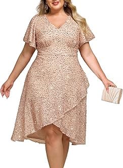 Ever-Pretty Plus Women's Formal Eveing Dress V Neck A-line High Low Sequin Plus Size Christmas Cocktail Party Dresses