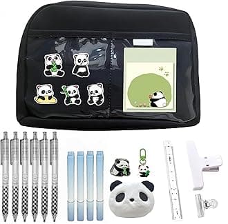 Kawaii Cute Aesthetic Pencil Case - Large Capacity Canvas Pen Pouch Bag (Black 11 PCS Set)