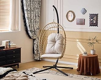 Indoor/Outdoor Egg Hanging Chair with Stand - Patio Wicker Swing Hammock Chair. 350lbs Capacity, Cushioned. Ideal for Bedroom, Balcony, Porch, Garden. Versatile Swing Chair for All Spaces