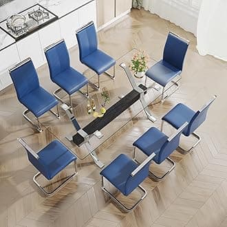 Pvillez Glass Dining Table Set for 8, 9 Piece Dining Room Table Set, 78" Modern Large Glass Kitchen&Dining Room Table with Silver Metal Legs and Black MDF Crossbars & 8 Blue PU Leather Dining Chairs