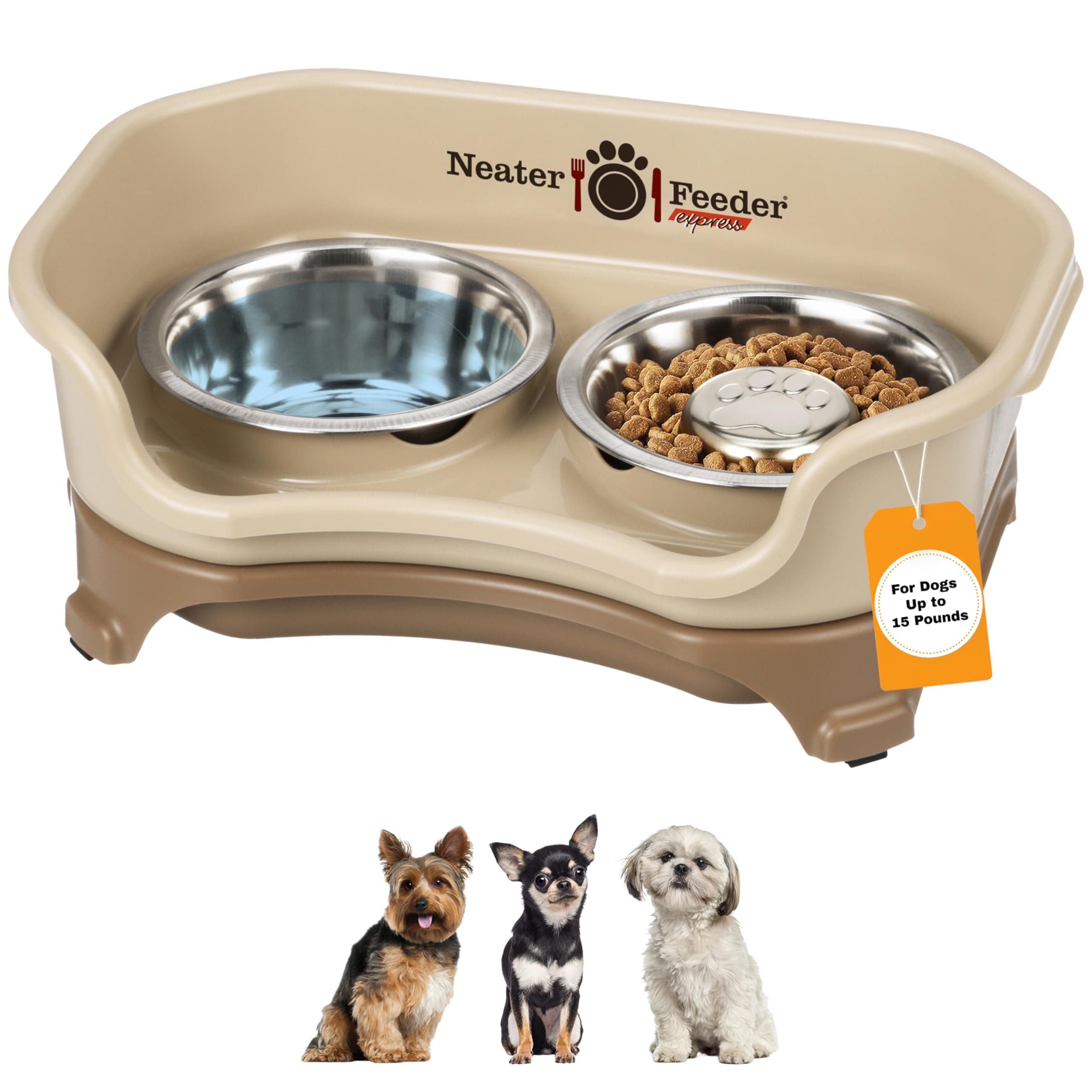 Express Mess Proof Dog Bowls Elevated for Small Breeds Under 15 Lb, Made in USA, No Spill Raised Dog Food Bowl Stand, Stainless Steel Slow Feed and Standard Water Bowl Set, Cappuccino