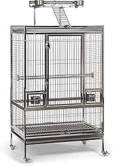 Prevue Pet Products Large Stainless Steel Playtop Bird Cage - Rust-Resistant Metal Cage with Wheels & Rooftop Ladder, Perches, Feeders & Pull-Out Tray, for Amazons, Cockatiels & African Greys- Silver