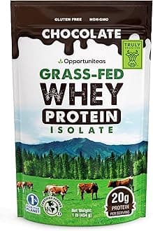 Opportuniteas Grass Fed Chocolate Whey Protein Isolate Powder - 20g Protein Powder Without Artificial Sweeteners, Hormone-Free Cows, Non GMO - 1lb