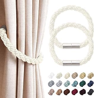 NICEEC 2 Pack Strong Magnetic Curtain Tiebacks Modern Simple Style Drape Tie Backs Convenient Decorative Weave Rope Curtain Holdbacks for Thin or Thick Home & Office Window Draperies (Creamy-White)
