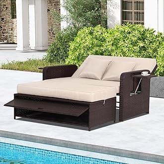 Nightcore Wicker Patio Outdoor Daybed, Outdoor Chaise Lounger w/ 4-Level Adjustable Backrest, Retractable Side Trays, Storage Ottoman, Comfortable & Removable Cushions, Rattan Loveseat (Beige)