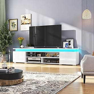 LED TV Stand for 95 Inch TV, Modern TV Stand with Power Outlet, High Gloss TV Console Entertainment Center with Storage and LED Lights for Living Room, Bedroom (83 Inch, White)