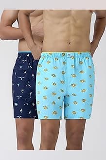 Men's Renew Super Combed Cotton Regular Fit Printed Boxer Shorts with No Marks Waistband & Dual Side Pocket (Pack of 2)