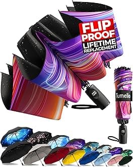 TUMELLA Flip-proof Inverted Travel Umbrella, Small Strong but Light Portable and Automatic Reverse Folding Rain Umbrella, Durable Premium Grip, Fits Car & Backpack
