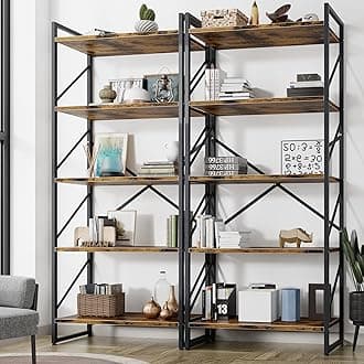 Shintenchi 2 Pieces 5 Tiers Bookshelf, Classically Tall Bookcase Shelf, Industrial Book Rack, Modern Book Holder in Bedroom/Living Room/Home/Office, Storage Rack Shelves for Books/Movies-Rustic Brown