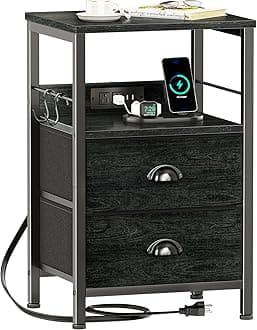 Nightstand with Charging Station, Black Night Stand with 2 Fabric Drawers, Side Table with USB Ports, End Table with Storage Shelf, for Living Room/Bedroom, Black Oak