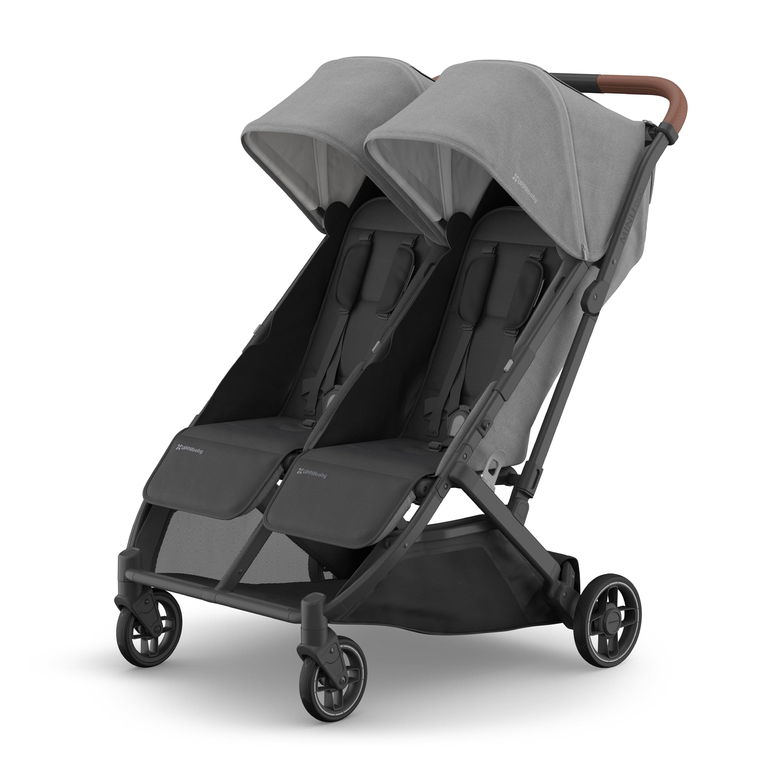 - Minu Duo Side-by-Side Double Stroller - Lightweight + Compact Design for Travel - Easy Fold- From Birth to Toddler - Independent Recline -Greyson(Charcoal Mélange/Carbon Frame/Saddle Leather)