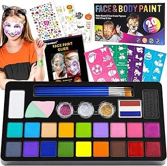 Drawdart Face Painting Kit for Kids - 20 Colors Water Based Non-Toxic Paint With Stencils & Brushes - Professional Body Makeup Kit for Parties, Birthdays, Halloween