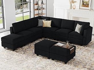 Belffin L Shape-2 Sectional Sofa, Velvet, 7 Seater, Black, Wood Material, Storage, Modern Style, Boxed Edge, Indoor, Sofa