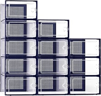 Kuject X-Large Shoe Storage Boxes Organizers for Closet 12 Pack, Fit Size 11,Clear Plastic Stackable Sneaker Containers for Entryway, Space Saving Shoe Rack Holder (Blue, 12 Packs)