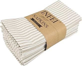 Plain Striped Cotton Linen Blended Dinner Cloth Napkins - Set of 12 (40 x 30 cm) - for Events & Home Use (Beige)