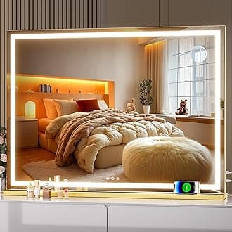 Hasipu Vanity Mirror with Lights, 100 x 73cm LED Makeup Mirror, Lighted Makeup Mirrors with Dimmable 3 Modes, Touch Screen Control Vanity Mirrors Square Gold