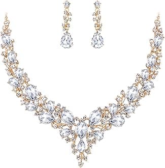 Women's Wedding Bridal Austrian Crystal Teardrop Cluster Statement Necklace Dangle Earrings Jewelry Set