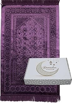 Modefa Luxury Islamic Prayer Rug in Gift Box - Deluxe Gift Set with Prayer Mat & Prayer Beads Tesbih - Soft Plush Turkish Prayer Rug for Men and Women - Ramadan or Eid Gift (Floral Stamp Purple)