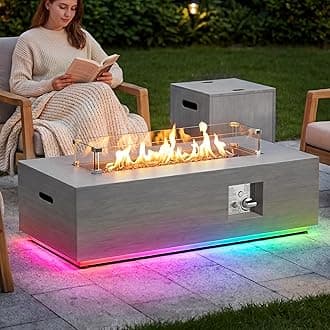 42" Propane Fire Pit Table with RGB LED Light 50,000 BTU Patio Propane Fire Pit Table Includes Wind Guard, Lid, Rocks & Cover - Deck Firepit - Chimenea de Gas (Light Gray/RGB Light, 42" LED)