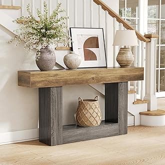 LITTLE TREE 63 Inches Long Console Table, 2-Tier Farmhouse Sofa Table Behind Couch, Large Narrow Entryway Table for Living Room, Wooden Hallway Foyer Table with Heavy Duty Base, Rustic Brown and Grey